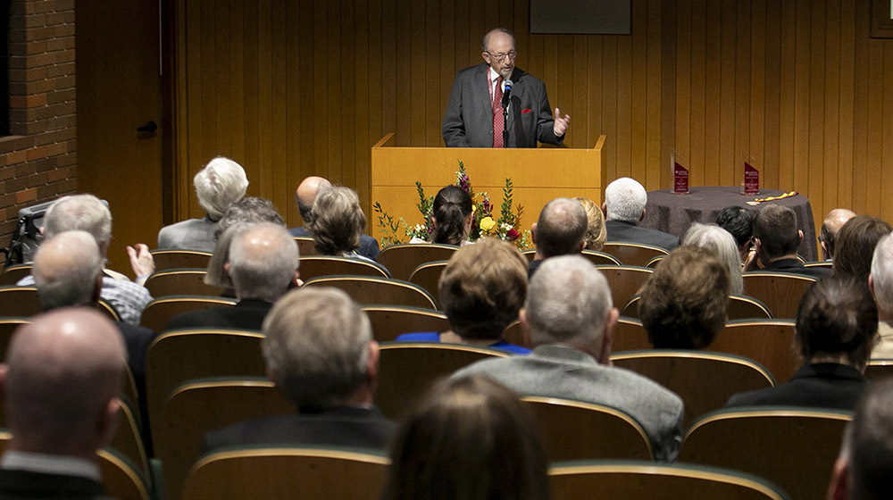 James V. Talano (MD '65, BS '61) addressing the audience at the Alumni Awards ceremony